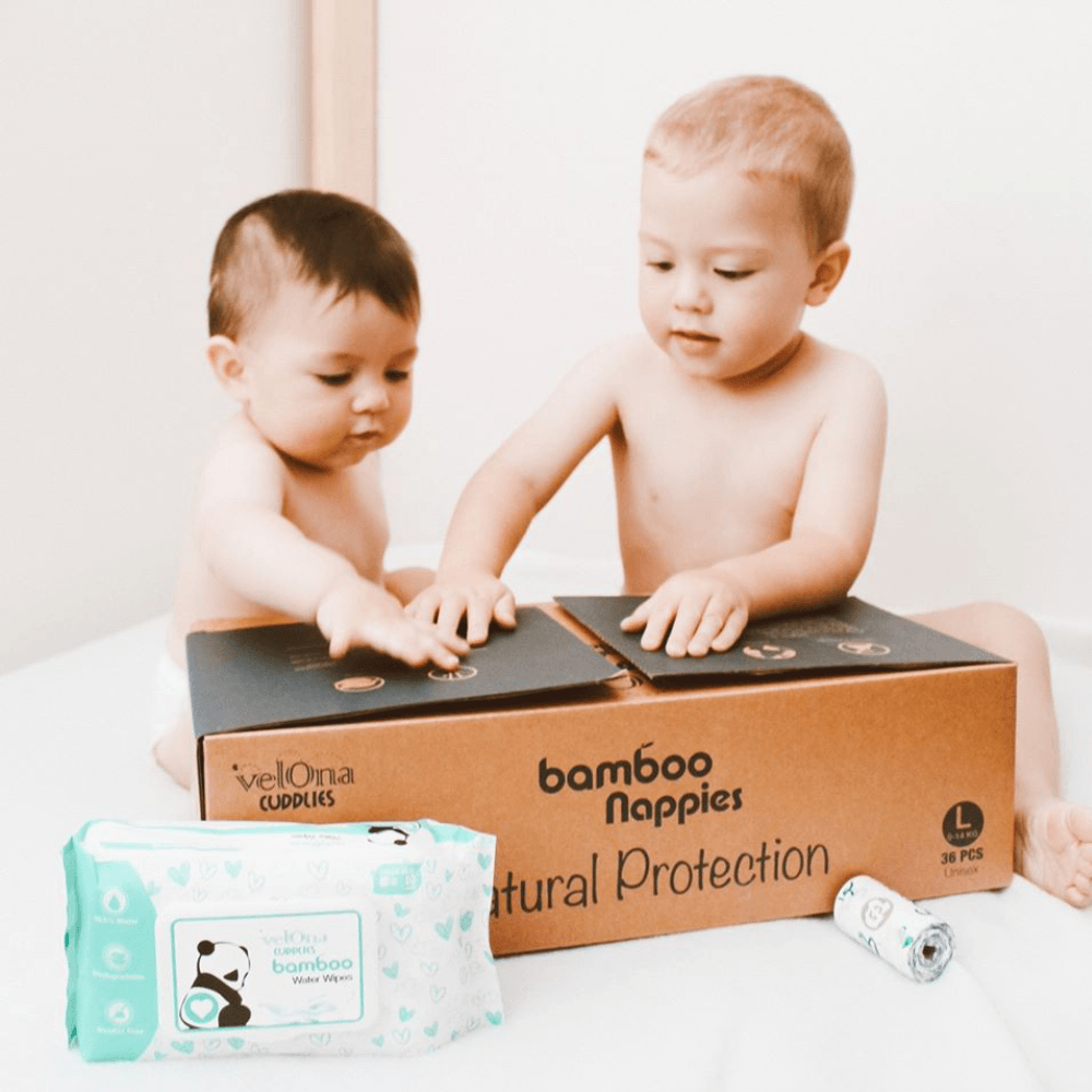 Babies playing with Velona Cuddlies Bamboo DIapers
